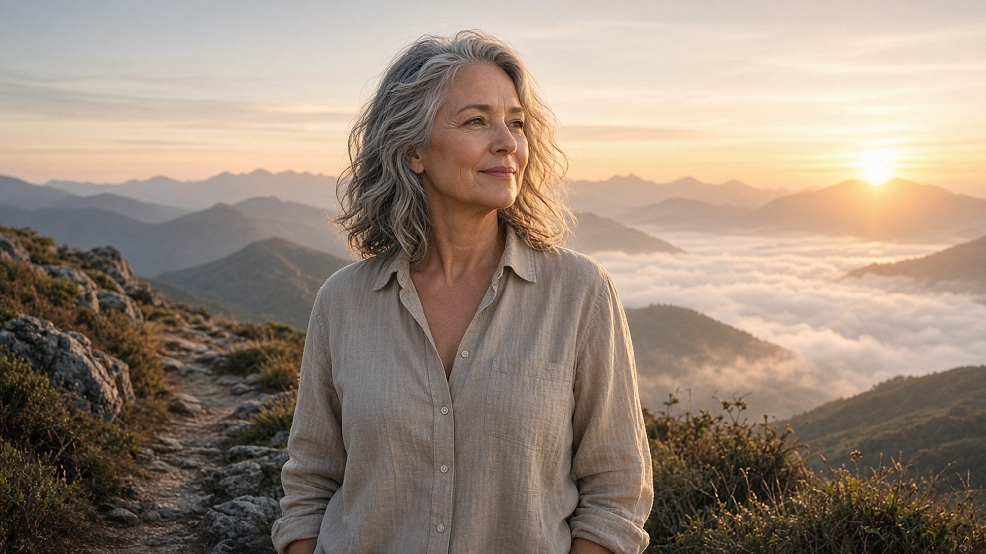 A woman standing on a mountain ridge at sunrise