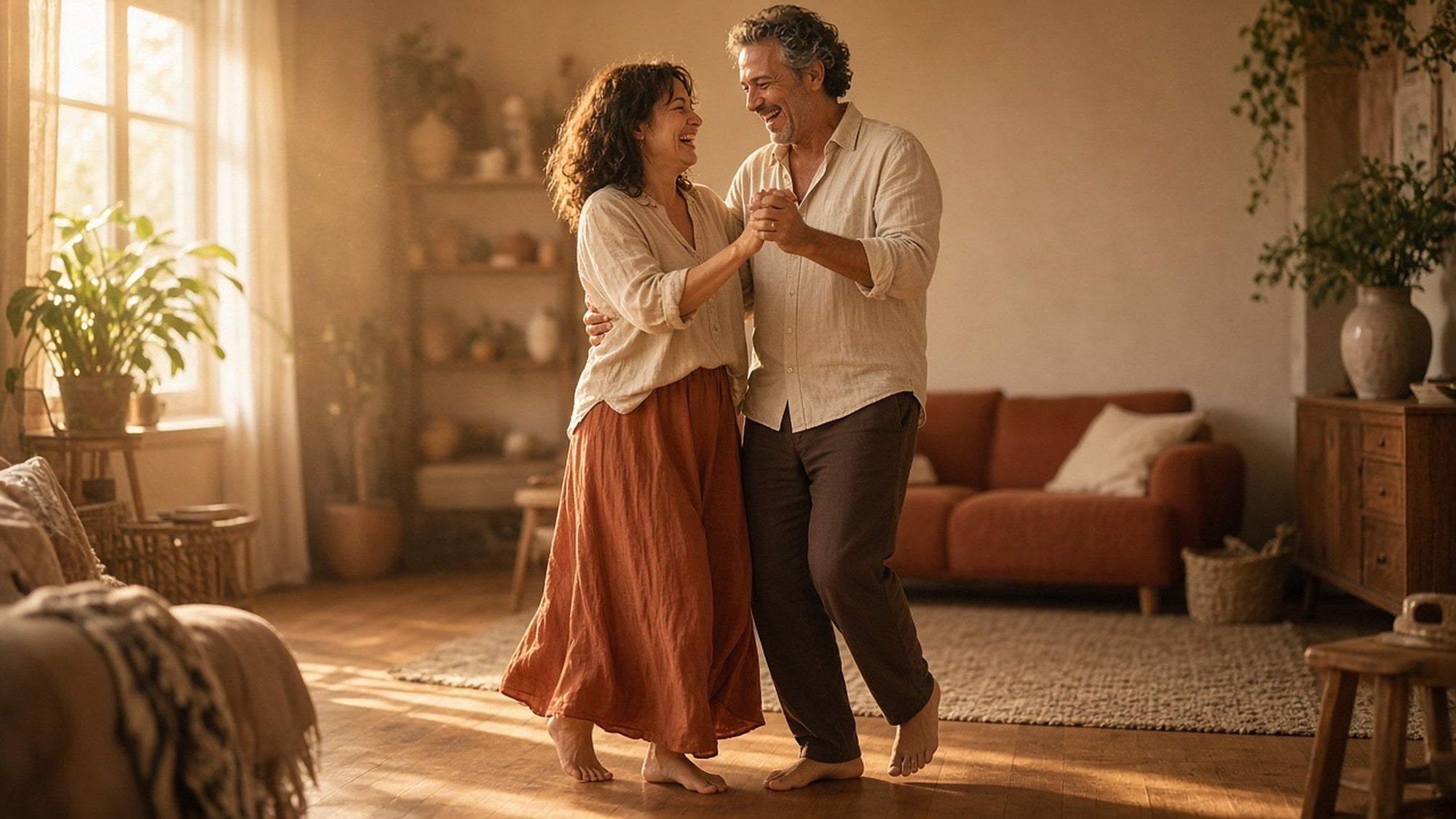 A couple dancing together in their living room