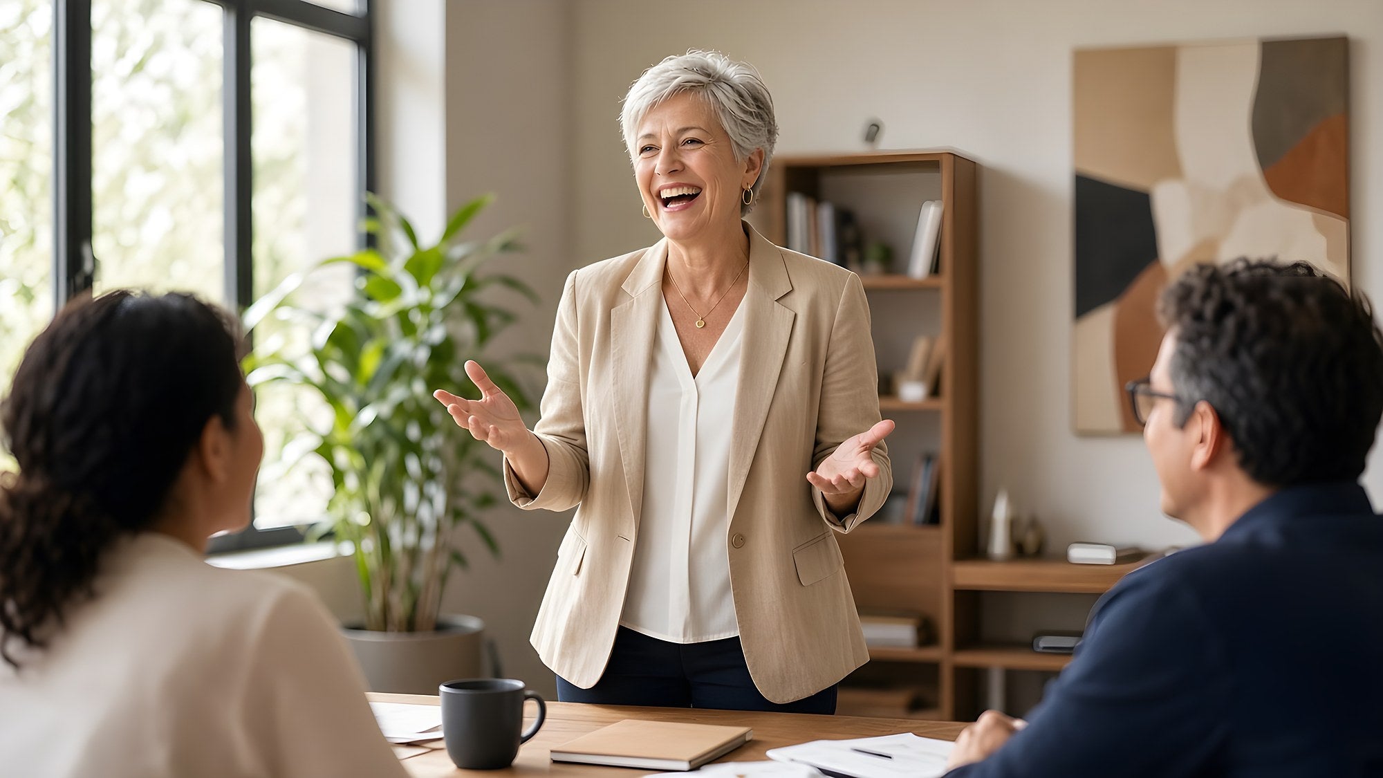 A silver-haired woman presenting confidently at work